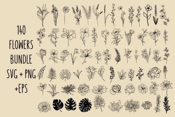140 Flowers Svg Bundle Outline Clipart Graphics