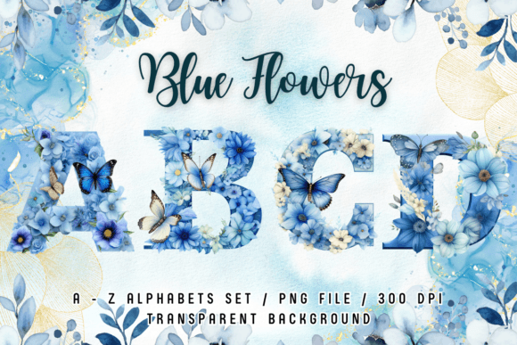 Blue Flowers Butterfly Alphabet Clipart Graphics