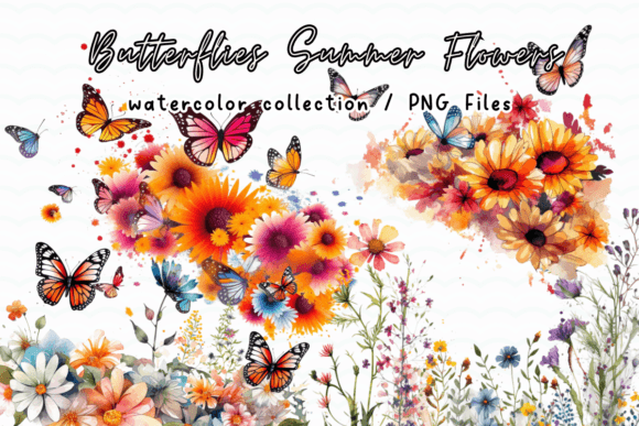 Butterflies Summer Flowers Watercolor Graphics