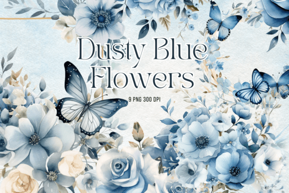 Dusty Blue Flowers Watercolor Clipart Graphics