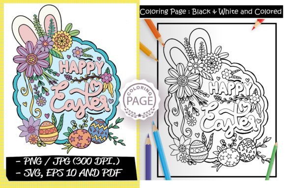 Happy Easter Coloring Page for Embroidery
