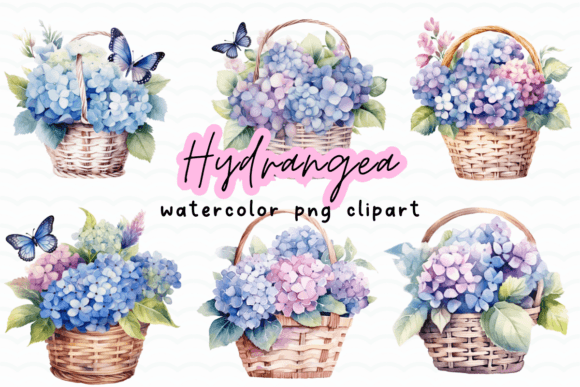 Hydrangea Flowers Basket Watercolor PNG for Branding and Marketing
