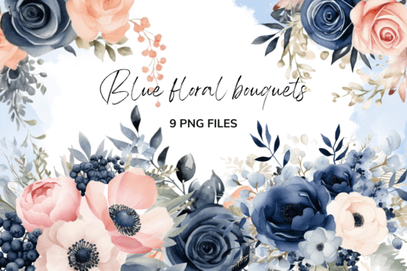 Navy Blue Flowers Wedding Watercolor Graphics
