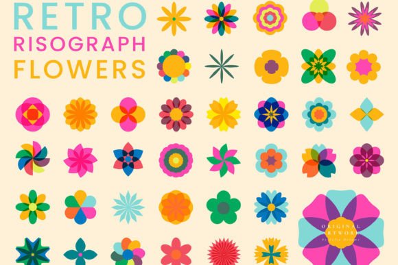 Retro Risograph Geometric Flowers Graphics