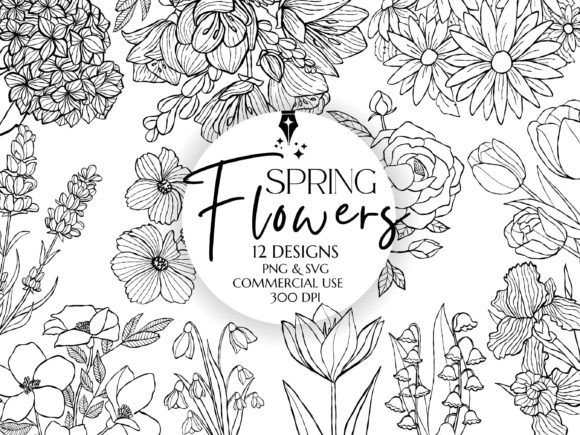 Spring Flowers Outline Clipart for Graphic Design