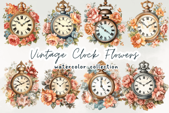 Vintage Clock Flowers Watercolor Clipart