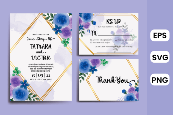 Wedding Invitation Blue Rose Flower Graphics for Print Templates
